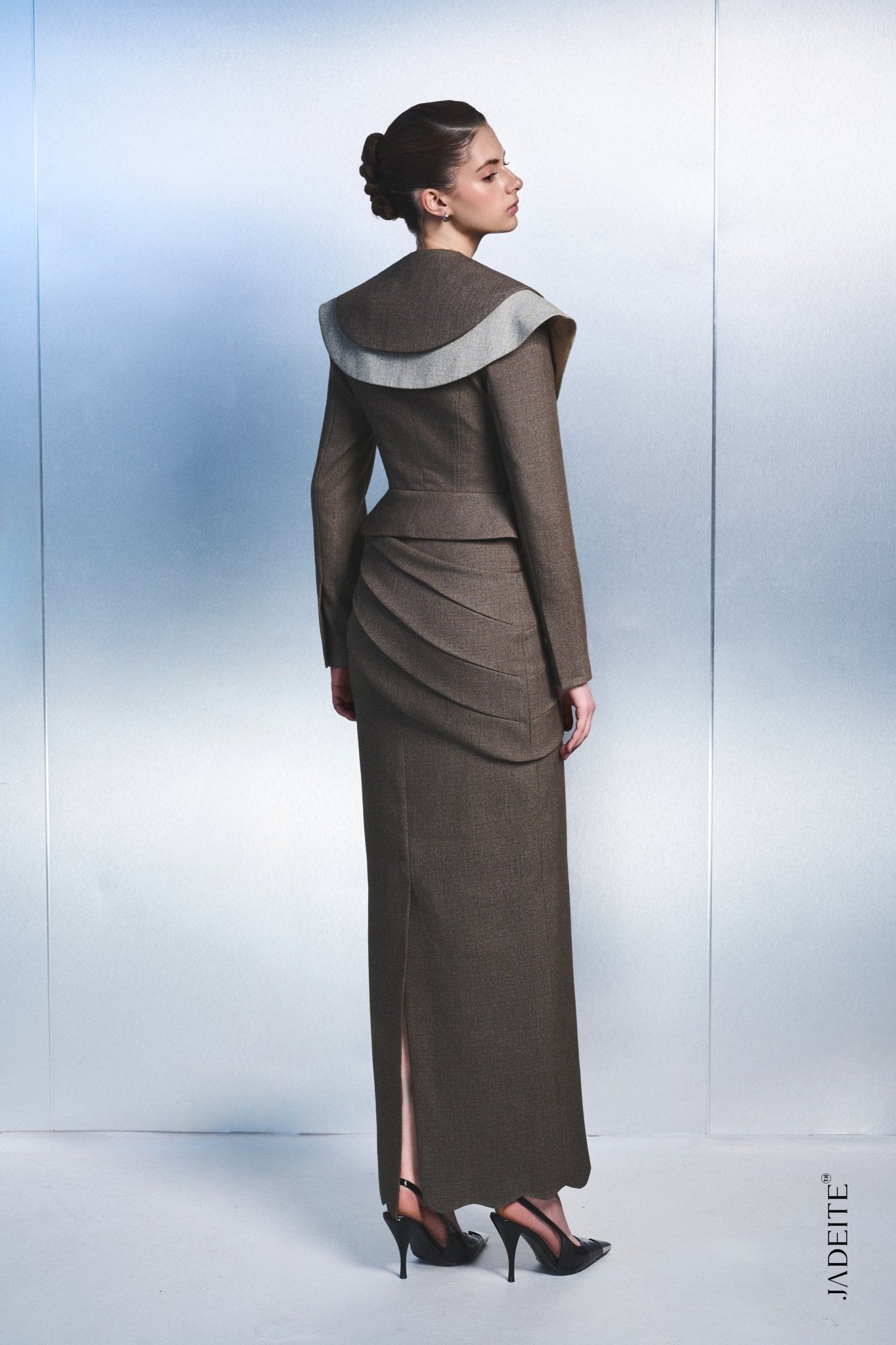 2. Elegant Peplum Jacket & Draped Maxi Skirt Set – Brown Women's Suit - Jadeiteth