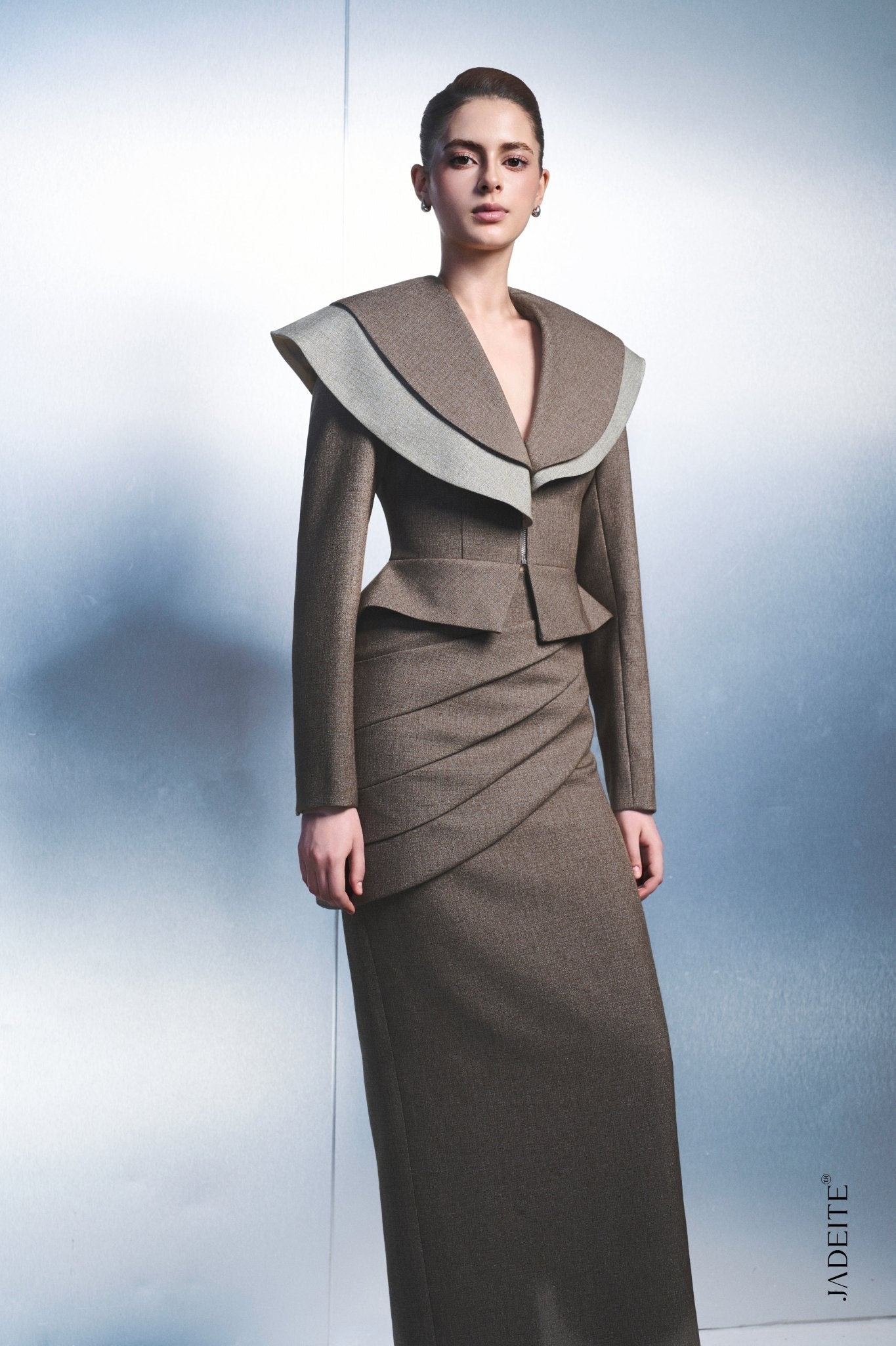 2. Elegant Peplum Jacket & Draped Maxi Skirt Set – Brown Women's Suit - Jadeiteth