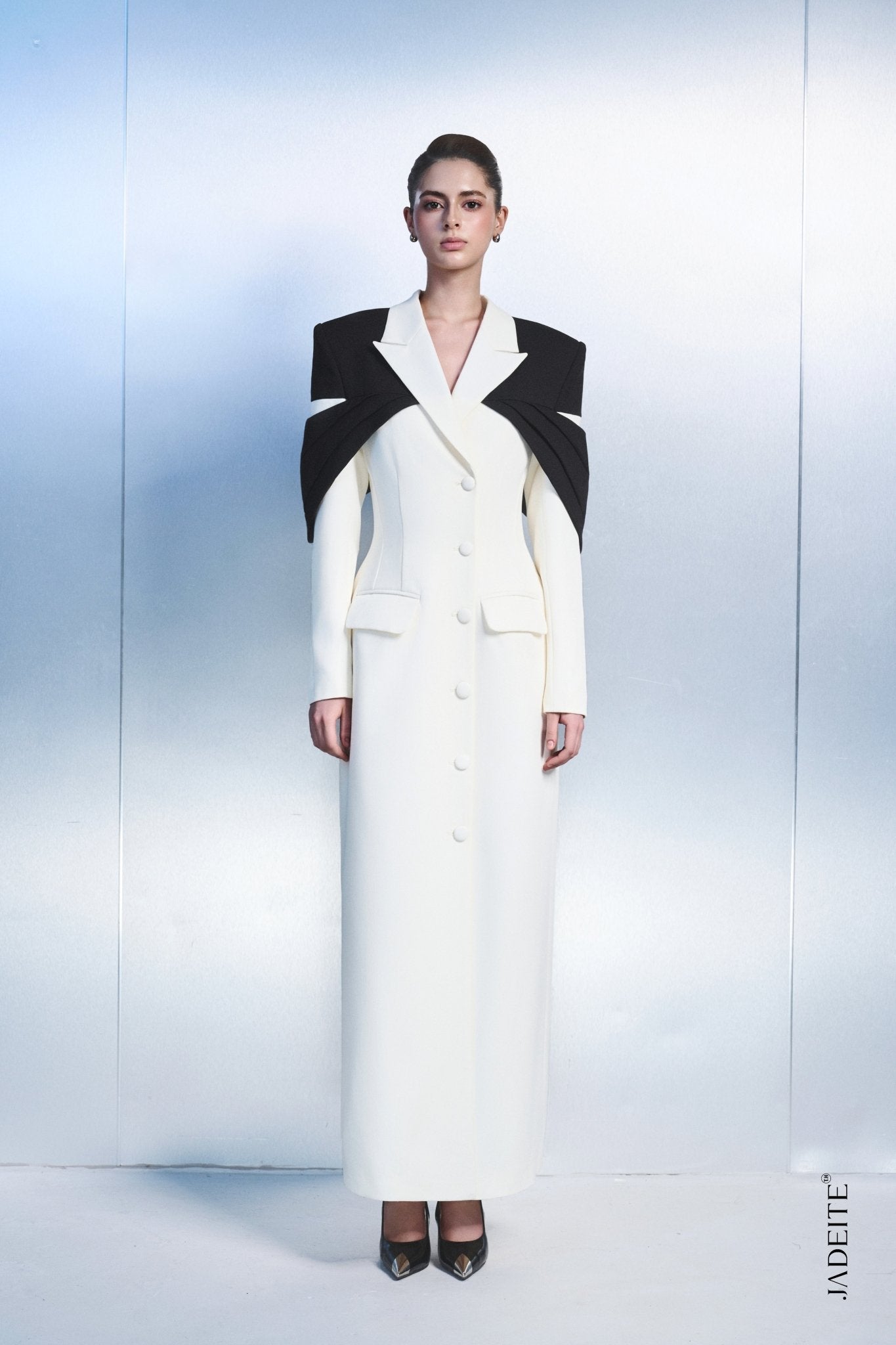 3. Elegant Long Blazer Dress with Statement Cape Detail - Jadeiteth