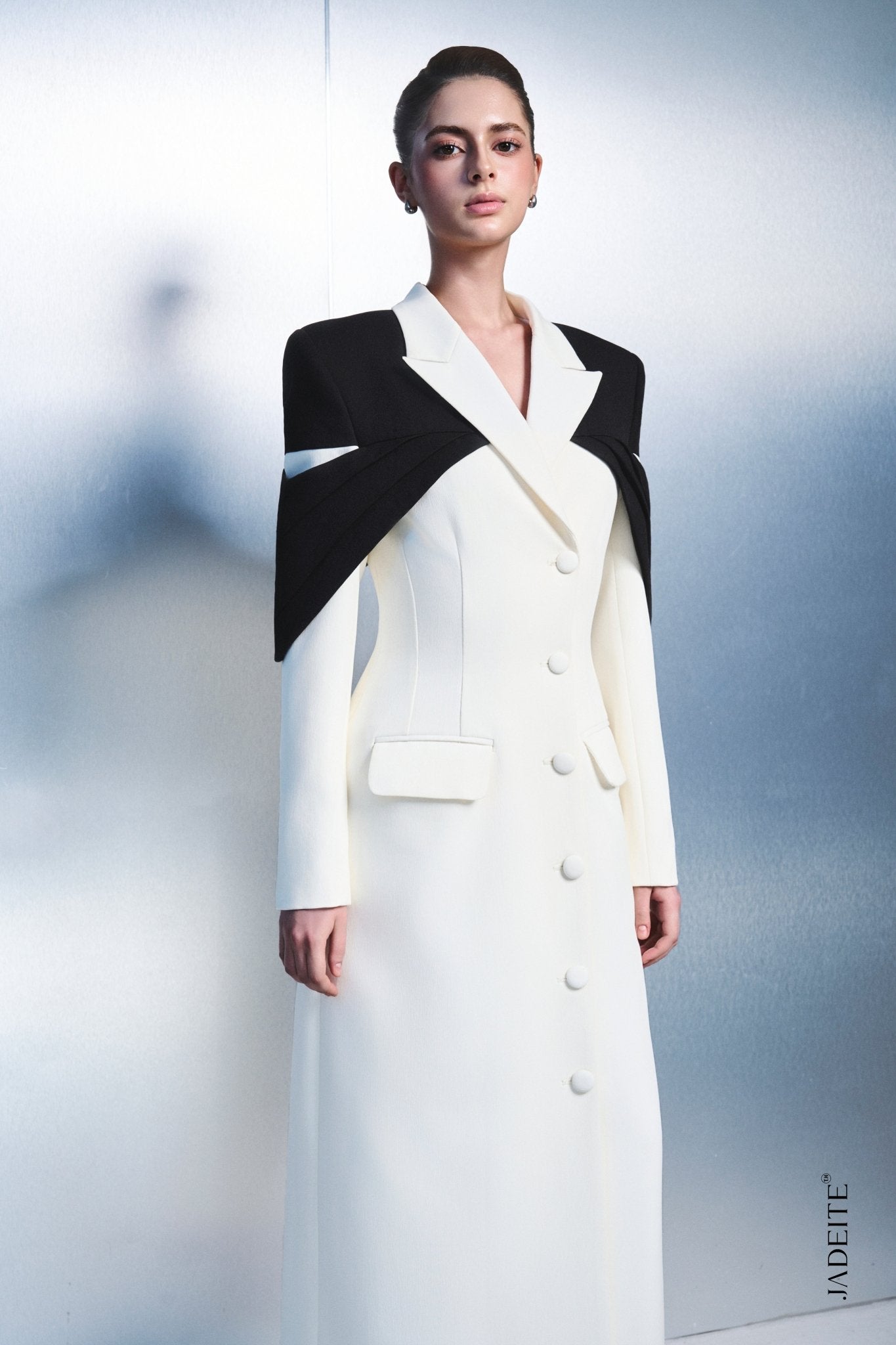 3. Elegant Long Blazer Dress with Statement Cape Detail - Jadeiteth