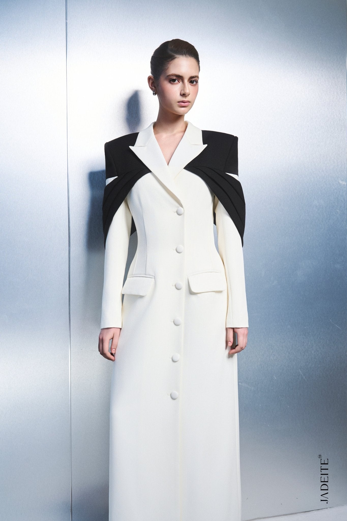 3. Elegant Long Blazer Dress with Statement Cape Detail - Jadeiteth