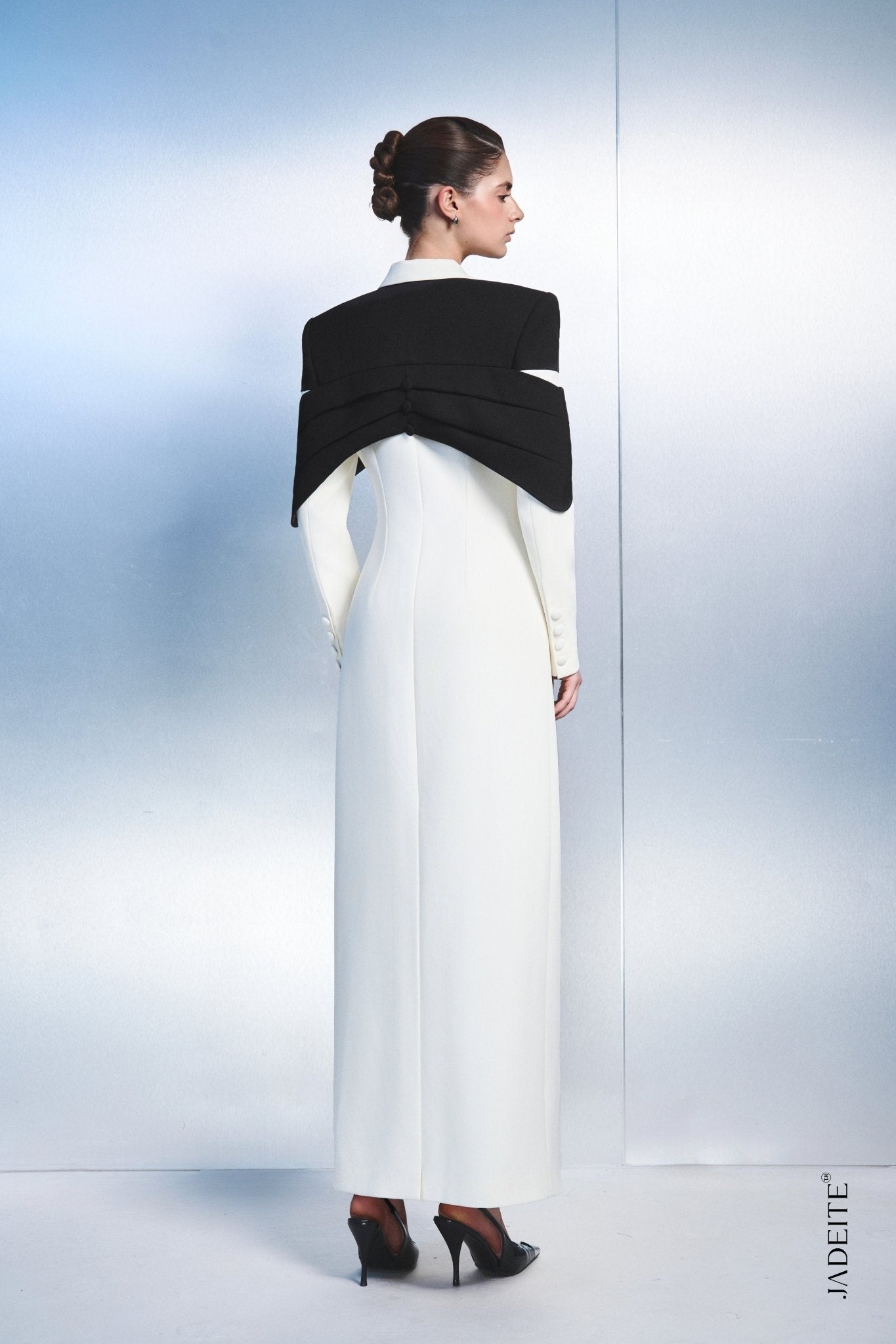 3. Elegant Long Blazer Dress with Statement Cape Detail - Jadeiteth