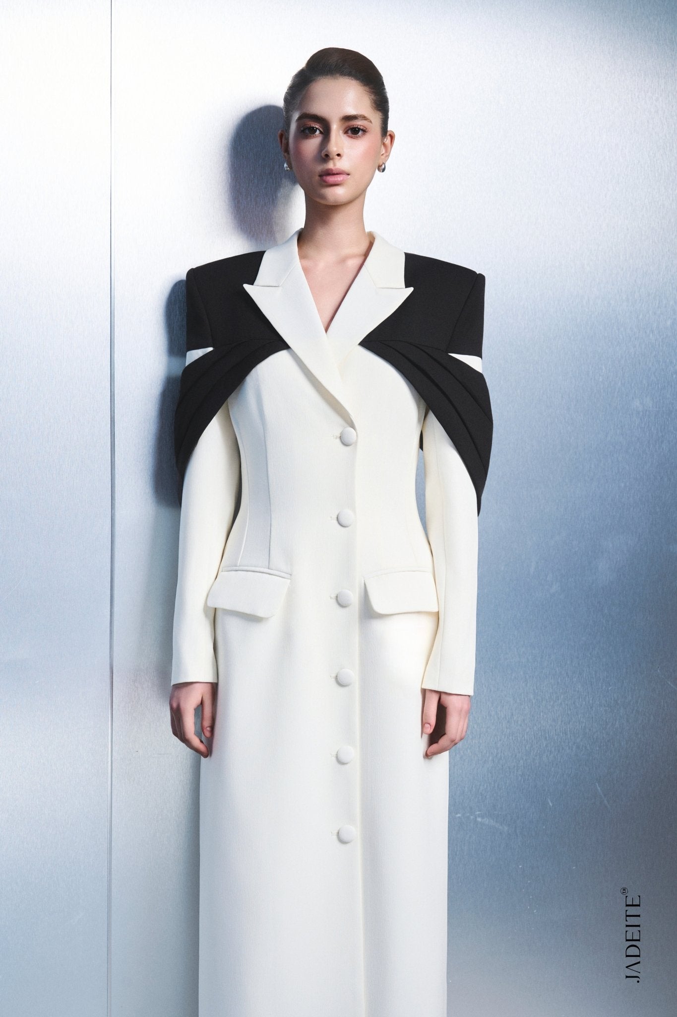 3. Elegant Long Blazer Dress with Statement Cape Detail - Jadeiteth