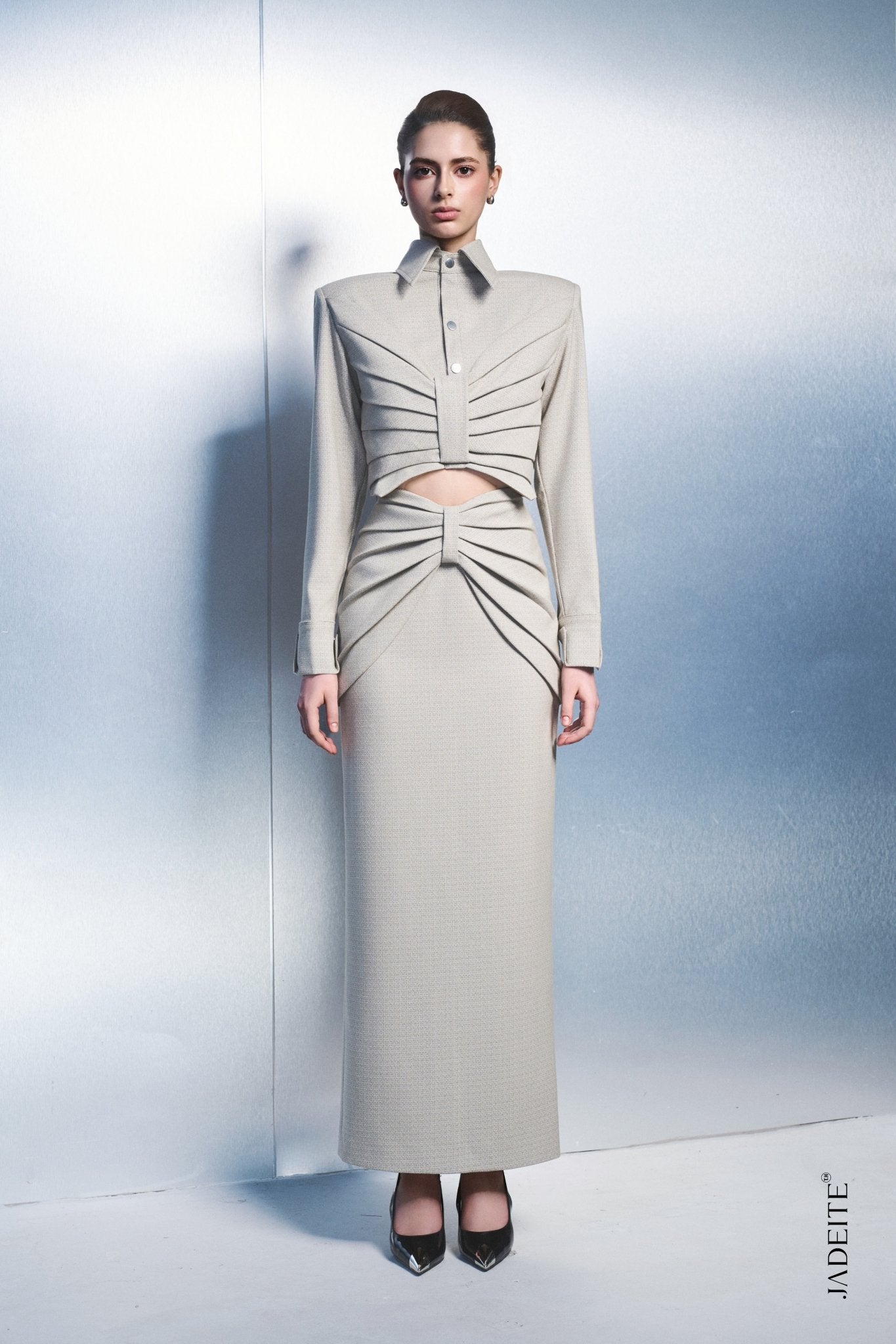 4. Architectural Pleated Crop Shirt & Maxi Skirt Set – Stone Beige - Jadeiteth